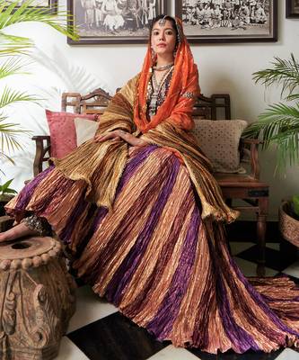Pink Gold Maroon And Purple Textured Gota Lehenga Velvet Zardozi Sequined Blouse And Organza Gold Checkered Dupatta. 2