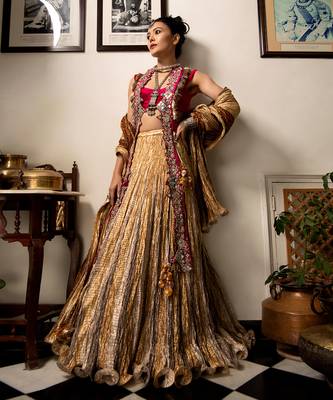 Gold Rose Gold And Light Antique Gota Lehenga Open Jacket With Mirror Zardozi Work And Crushed Dupatta. 1