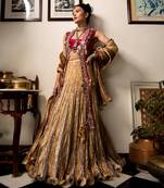 Gold Rose Gold And Light Antique Gota Lehenga Open Jacket With Mirror Zardozi Work And Crushed Dupatta.