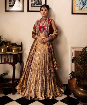 Gold Rose Gold And Light Antique Gota Lehenga Open Jacket With Mirror Zardozi Work And Crushed Dupatta. 2