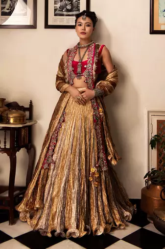 Gold Rose Gold And Light Antique Gota Lehenga Open Jacket With Mirror Zardozi Work And Crushed Dupatta.