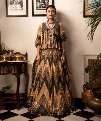 Teal Green Rose Gold And Bronze Chevron Gota Lehenga Textured Sleeveless BlouseAnd Crushed Dupatta. 1