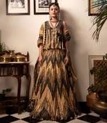 Teal Green Rose Gold And Bronze Chevron Gota Lehenga Textured Sleeveless BlouseAnd Crushed Dupatta.
