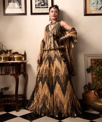Teal Green Rose Gold And Bronze Chevron Gota Lehenga Textured Sleeveless BlouseAnd Crushed Dupatta. 2