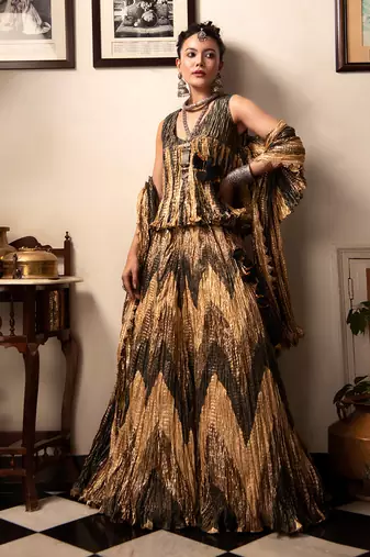 Teal Green Rose Gold And Bronze Chevron Gota Lehenga Textured Sleeveless BlouseAnd Crushed Dupatta.