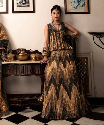 Teal Green Rose Gold And Bronze Chevron Gota Lehenga Textured Sleeveless BlouseAnd Crushed Dupatta. 3