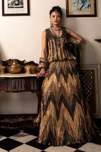 Teal Green Rose Gold And Bronze Chevron Gota Lehenga Textured Sleeveless BlouseAnd Crushed Dupatta.