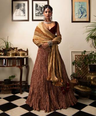 Maroon And Gold Flock Printed Crushed Gota Lehenga Maroon Velvet Blouse And Crushed Dupatta. 1
