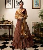 Maroon And Gold Flock Printed Crushed Gota Lehenga Maroon Velvet Blouse And Crushed Dupatta.