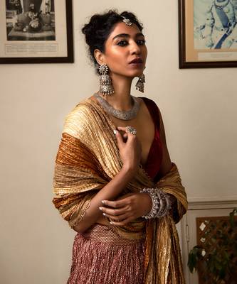 Maroon And Gold Flock Printed Crushed Gota Lehenga Maroon Velvet Blouse And Crushed Dupatta. 2
