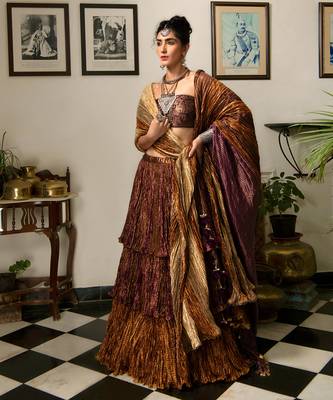 3-Tiered Bronze Purple And Antique Gold Gota Lehenga Hand Woven Brocade Bustier And Organza Dupatta With Coin Detailing. 1