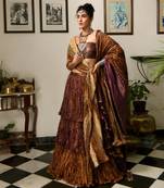 3-Tiered Bronze Purple And Antique Gold Gota Lehenga Hand Woven Brocade Bustier And Organza Dupatta With Coin Detailing.