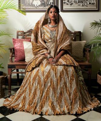 Silver And Gold Chevron Textured Gota Lehenga Textured Peplum Blouse And Crushed Dupatta. 1
