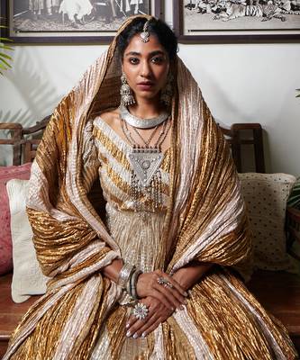 Silver And Gold Chevron Textured Gota Lehenga Textured Peplum Blouse And Crushed Dupatta. 2