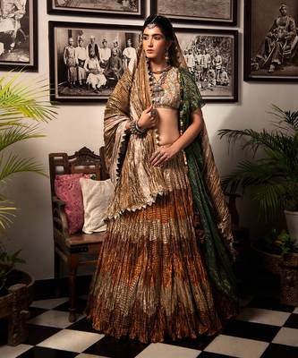 Textured Gota Lehenga In Bronze Maroon And Gold Zardozi Nude Blouse One-Sided Ruffled Jacket And Crushed Dupatta. 1