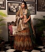Textured Gota Lehenga In Bronze Maroon And Gold Zardozi Nude Blouse One-Sided Ruffled Jacket And Crushed Dupatta.