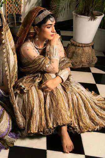 Silver Gold And Bronze Fish- Cut Gota Skirt Off-White Zardozi Cut-Work Blouse