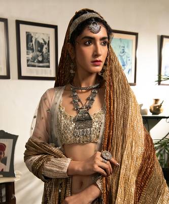 Silver Gold And Bronze Fish- Cut Gota Skirt Off-White Zardozi Cut-Work Blouse 3