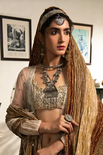 Silver Gold And Bronze Fish- Cut Gota Skirt Off-White Zardozi Cut-Work Blouse