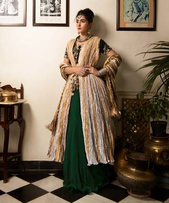 Emerald Green Chiffon Flared Skirt Zardozi Work Blouse Overlayer Jacket In Gold Silver 1
