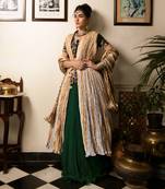 Emerald Green Chiffon Flared Skirt Zardozi Work Blouse Overlayer Jacket In Gold Silver