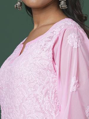 Hand Crafted Baby Pink Georgette Lucknowi Chikankari Indian Women Straight Short Kurti 7