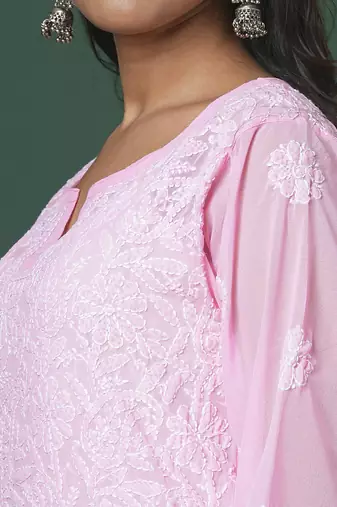 Hand Crafted Baby Pink Georgette Lucknowi Chikankari Indian Women Straight Short Kurti