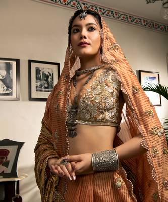 Peach Gota Half Saree With Gold Woven Stripes Gold And Bronze Zardozi Work Blouse And Dupatta With Scallop Detailing. 2