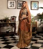 Peach Gota Half Saree With Gold Woven Stripes Gold And Bronze Zardozi Work Blouse And Dupatta With Scallop Detailing.