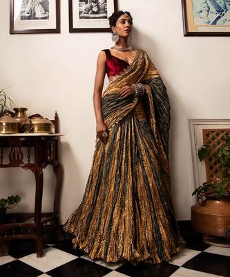 Ready-To-Wear Teal Green Antique Gold And Bronze Flared Gota Saree Maroon Velvet Blouse. 2