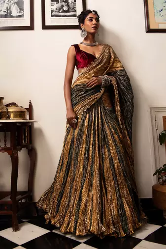 Ready-To-Wear Teal Green Antique Gold And Bronze Flared Gota Saree Maroon Velvet Blouse.