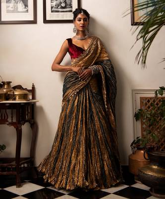 Ready-To-Wear Teal Green Antique Gold And Bronze Flared Gota Saree Maroon Velvet Blouse. 3