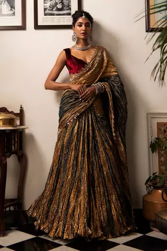 Ready-To-Wear Teal Green Antique Gold And Bronze Flared Gota Saree Maroon Velvet Blouse.