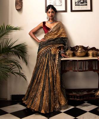 Ready-To-Wear Teal Green Antique Gold And Bronze Flared Gota Saree Maroon Velvet Blouse. 4
