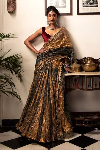 Ready-To-Wear Teal Green Antique Gold And Bronze Flared Gota Saree Maroon Velvet Blouse.
