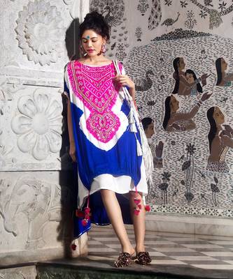 Cobalt blue and fuchsia high- low double layered kaftan embellished with gota, mirrors and drawstring details. 1