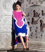Cobalt blue and fuchsia high- low double layered kaftan embellished with gota, mirrors and drawstring details.