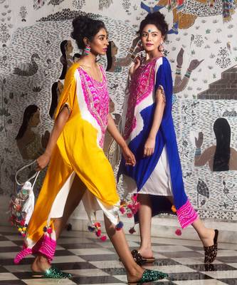 Cobalt blue and fuchsia high- low double layered kaftan embellished with gota, mirrors and drawstring details. 2
