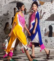 Golden yellow high-low double layered kaftan embellished with gota, mirrors and drawstring details.