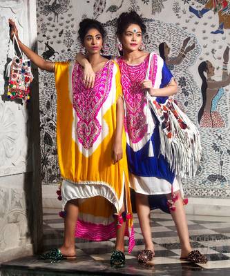 Golden yellow high-low double layered kaftan embellished with gota, mirrors and drawstring details. 3