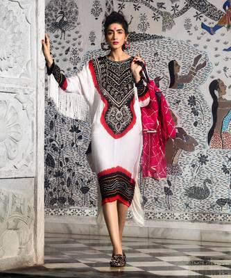 White gajji silk kaftan with gota and mirror embellished neck, tassels at the hem. 1