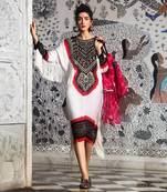 White gajji silk kaftan with gota and mirror embellished neck, tassels at the hem.