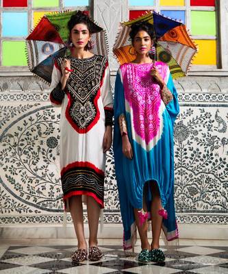 Turquoise and hot pink gajji silk high-low kaftan with drawstring details and embellished gota cuffs. 2