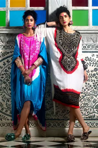 Turquoise and hot pink gajji silk high-low kaftan with drawstring details and embellished gota cuffs.