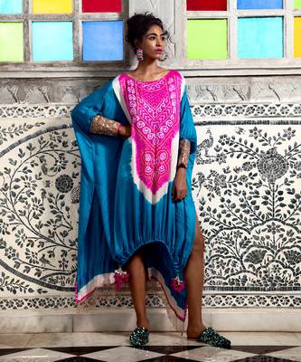 Turquoise and hot pink gajji silk high-low kaftan with drawstring details and embellished gota cuffs. 1