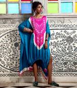 Turquoise and hot pink gajji silk high-low kaftan with drawstring details and embellished gota cuffs.