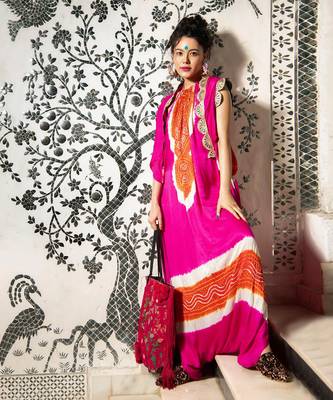 Fuchsia and orange gajji silk jumpsuit with bandhani patterns and jacket with pita work. 1