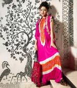 Fuchsia and orange gajji silk jumpsuit with bandhani patterns and jacket with pita work.
