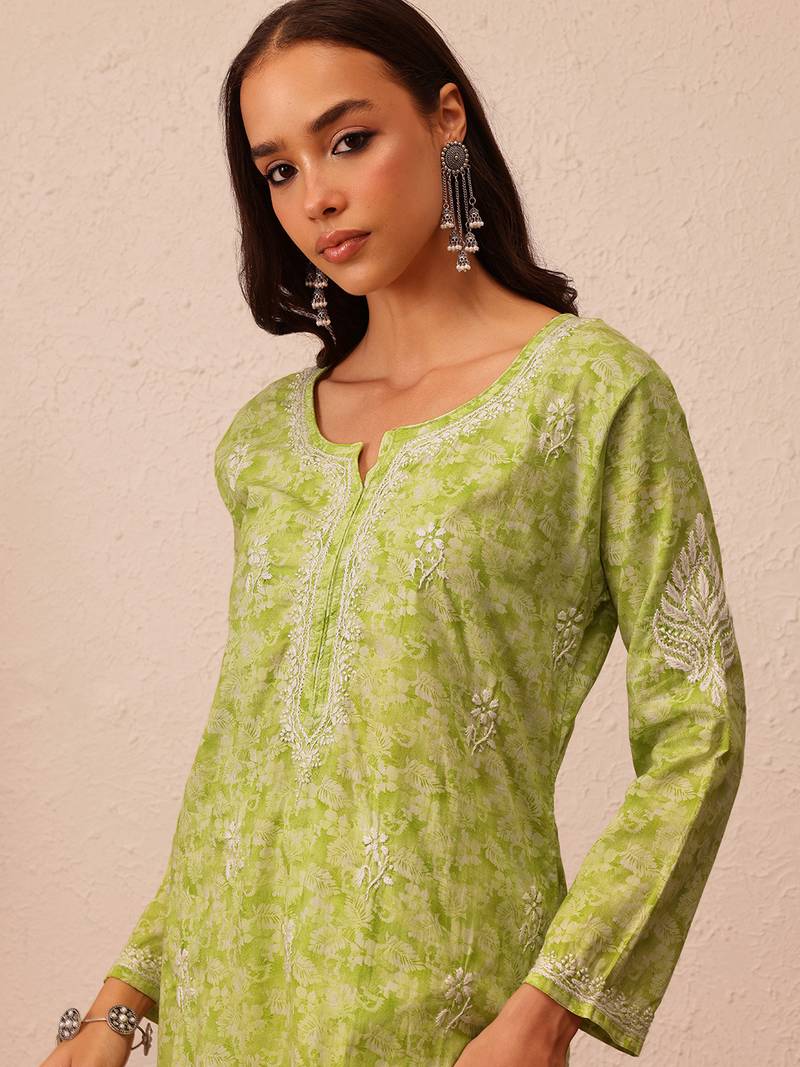 Hand Crafted Green Cotton Lucknowi Chikankari Indian Women Kurta