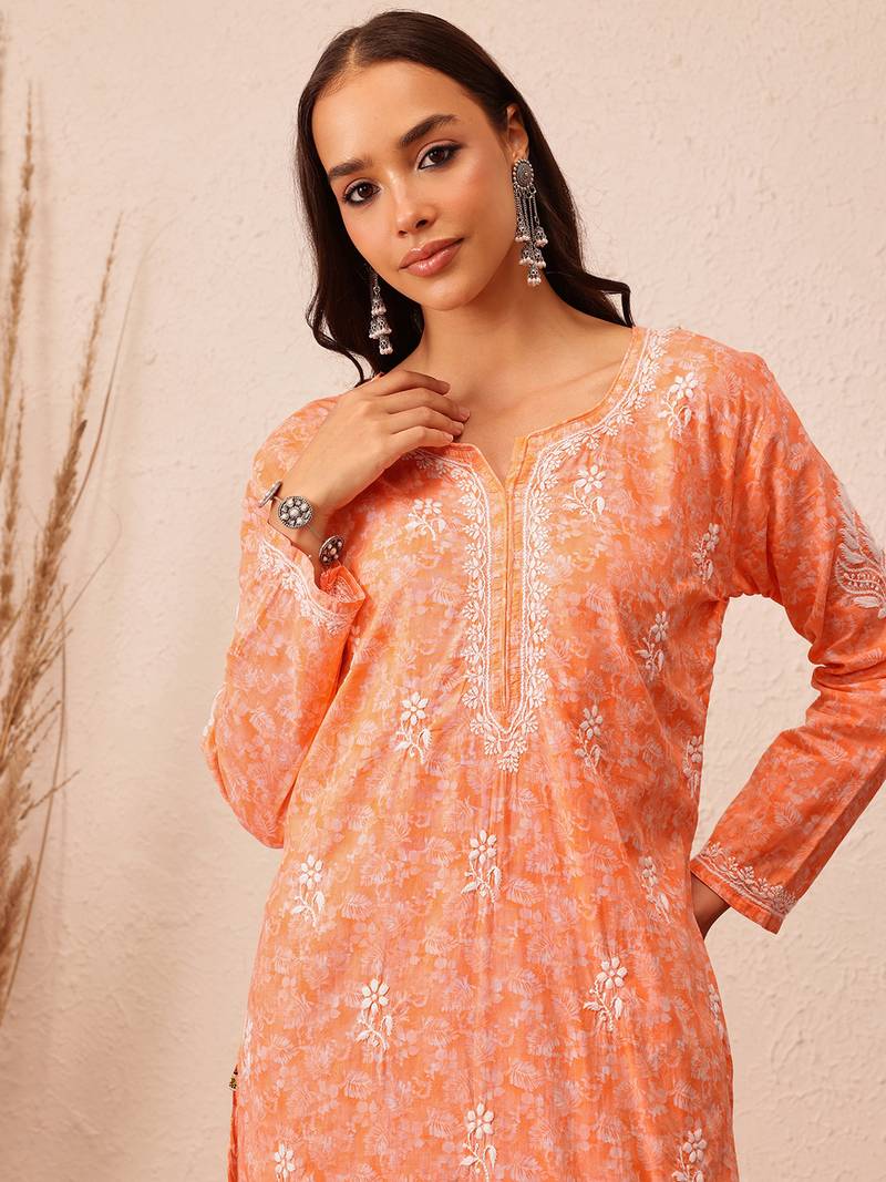 Hand Crafted Peach Cotton Lucknowi Chikankari Indian Women Kurta